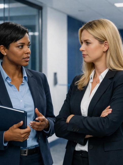 Two businesswomen talk in a modern office IT environment; one holds a folder while the other listens.