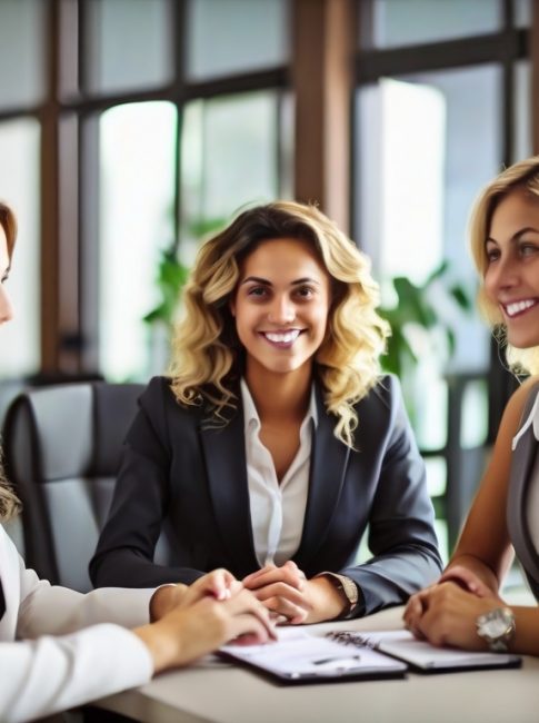 Three women are sitting at a table in an office setting. They are engaged in a discussion, with documents placed in front of them. All three women are wearing business attire, including blazers and blouses. The office has large windows and visible greenery outside, giving a bright and modern ambiance. The women appear to be smiling and seem engaged in a positive conversation.