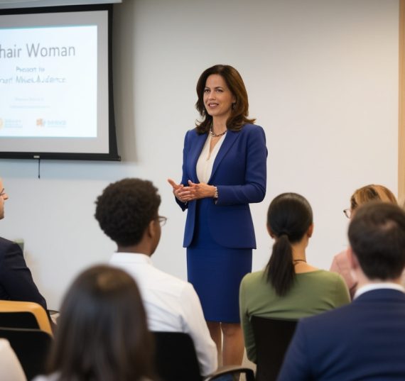 Una mujer está dando una presentación en una sala de conferencias. Está de pie frente a una pantalla en la que se proyecta una presentación. El título de la presentación es "Chair Woman". Ella está hablando con un grupo de personas sentadas frente a ella. Parece que está en el medio de una charla o una presentación, porque está mirando a la audiencia y gesticulando con las manos.