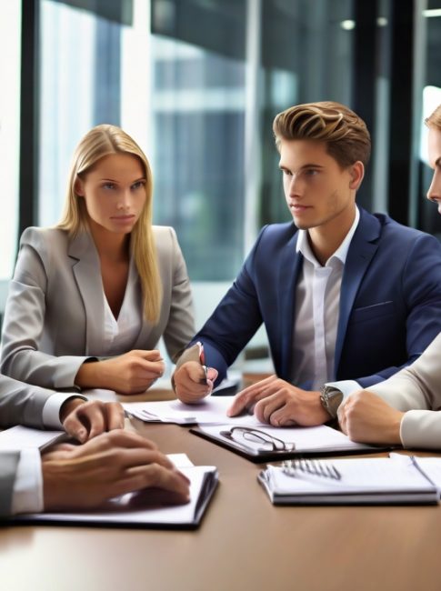 The image shows a group of four young professionals seated around a conference table in a modern office setting. They are engaged in a serious discussion, with documents, notebooks, and pens in front of them. The two men and two women are well-dressed in business attire, including suits and blazers. Large windows in the background offer a view of an urban landscape with tall buildings. The lighting is bright and natural, coming from the window.