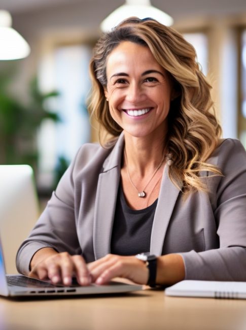 Una mujer de mediana edad sonríe mientras trabaja en su computadora portátil en su oficina. Está sentada en un escritorio y tiene una apariencia profesional. La mujer tiene el pelo rubio y largo y lleva un blazer gris. Ella parece estar concentrada en su trabajo.